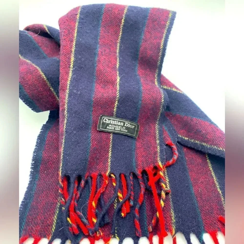 Auth Vtg Christian DIOR Stripe Wool Scarf. Circa 70s Pristine Preloved Wrap